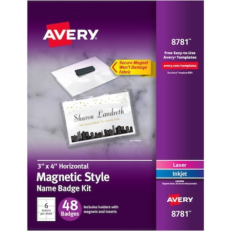 Avery Name Badges, Magnetic, Laser/Inkjet, 3"x4", 48/BX, WE 5PK AVE8781